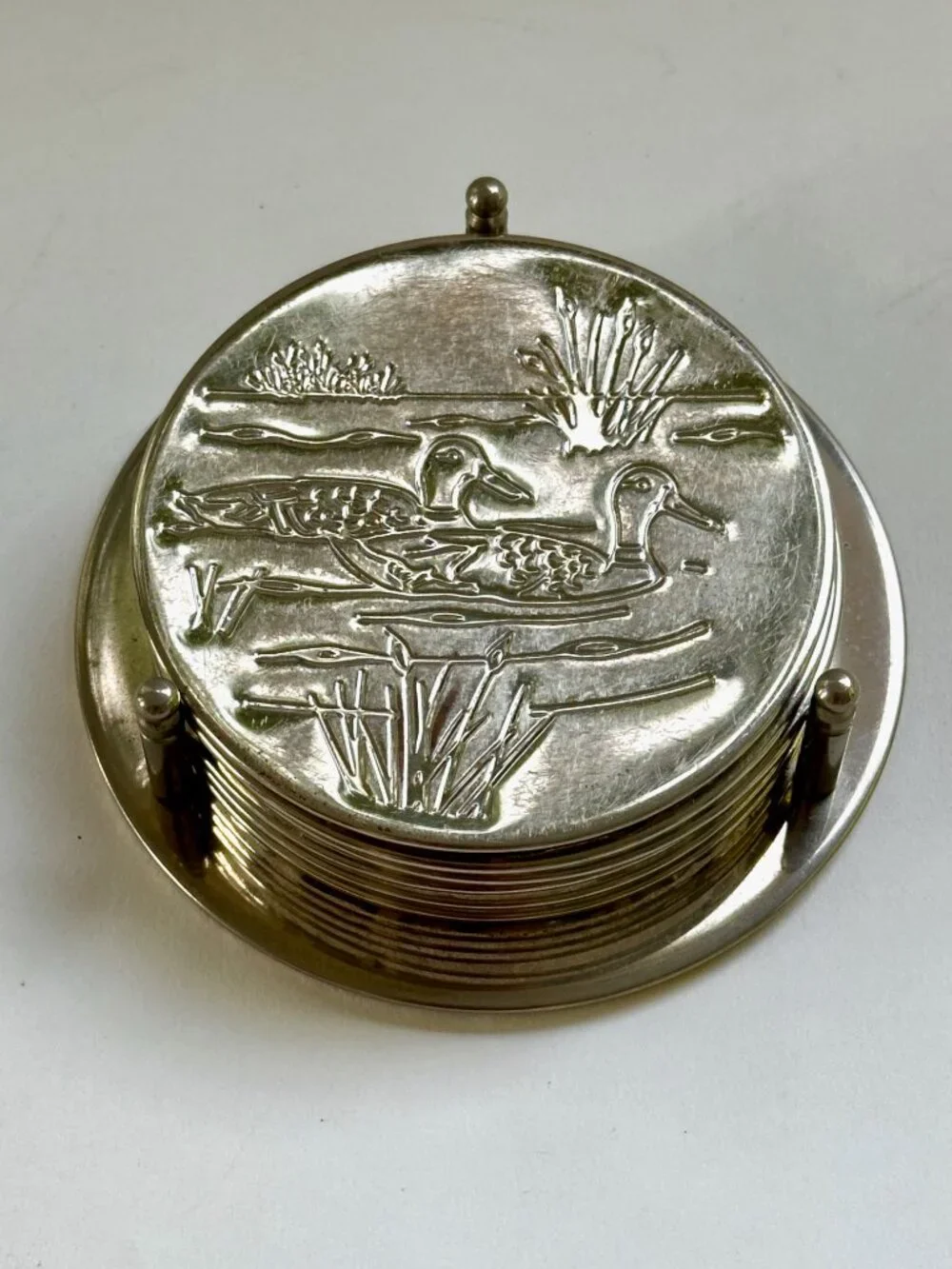 Mid-Century Modern Silver-Plated Coaster Set of 6 with Holder – Ducks